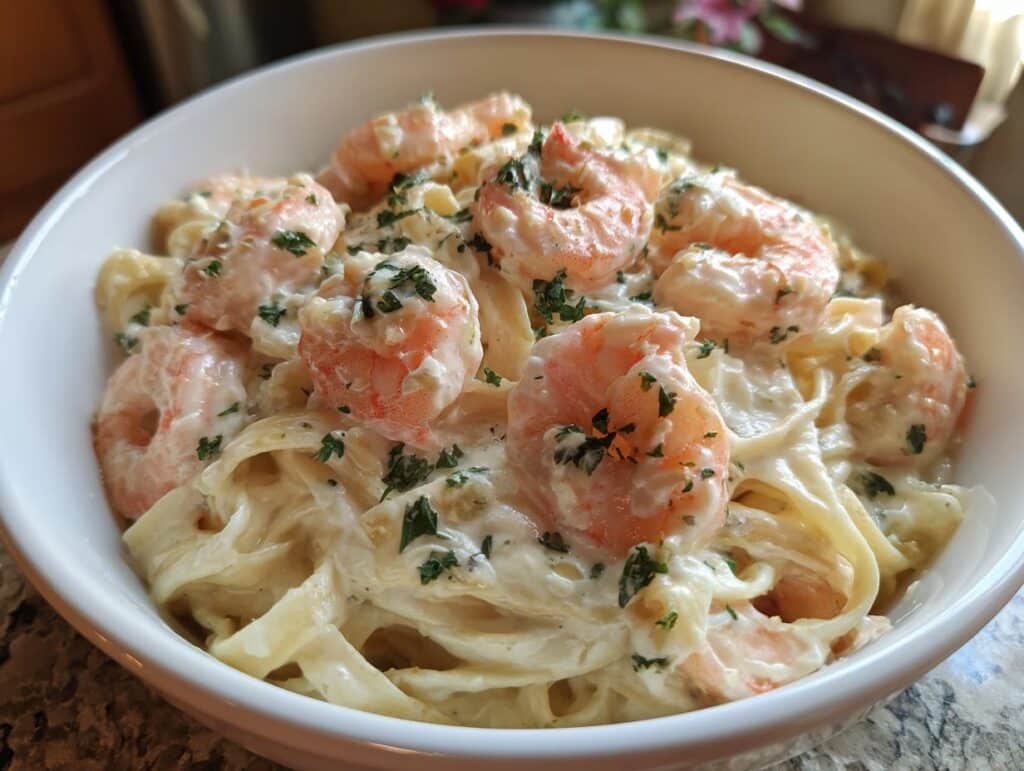 A close-up of a white bowl filled with Creamy Shrimp Alfredo Recipe, featuring fettuccine pasta, plump shrimp, and fresh parsley.