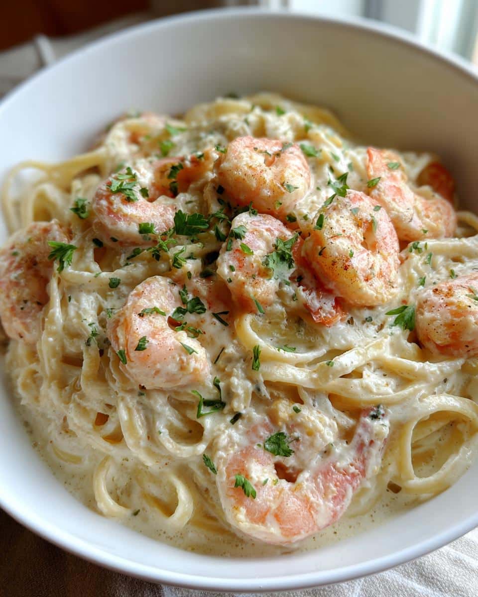 Close-up of a bowl filled with Creamy Shrimp Alfredo Recipe, garnished with fresh parsley.