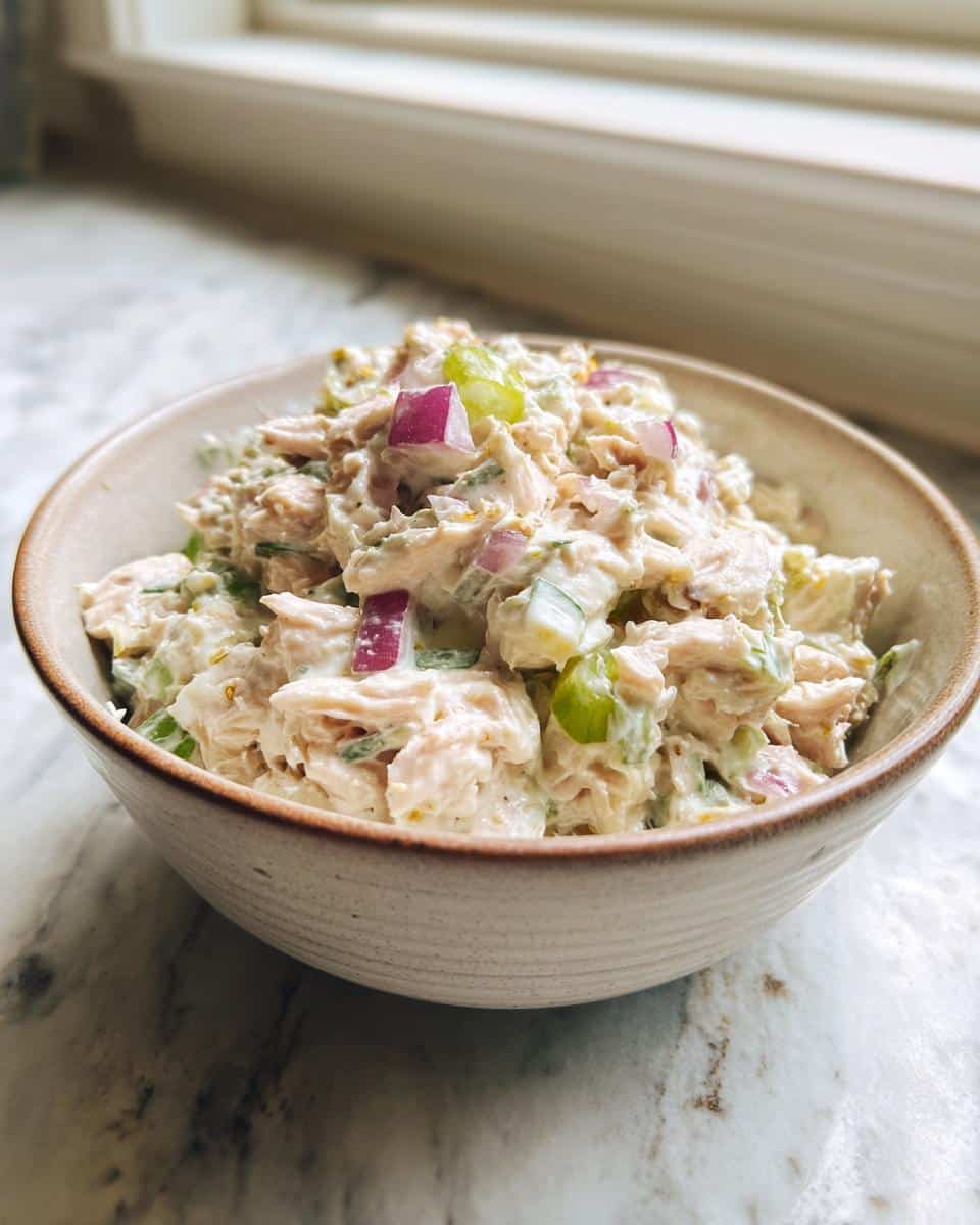 A close-up of a bowl filled with creamy tuna salad recipe, featuring chunks of tuna, red onion, and celery.
