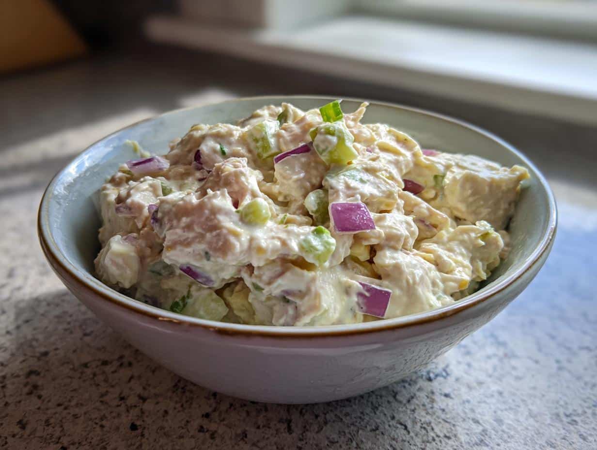 A close-up of a bowl filled with creamy tuna salad recipe, featuring chunks of tuna, red onion, and celery.