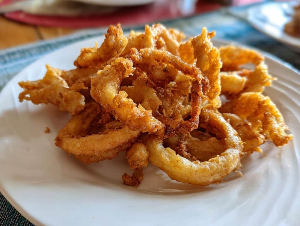 Close-up of golden Crispy Air Fryer Pasta rings served on a white plate, ready to eat.