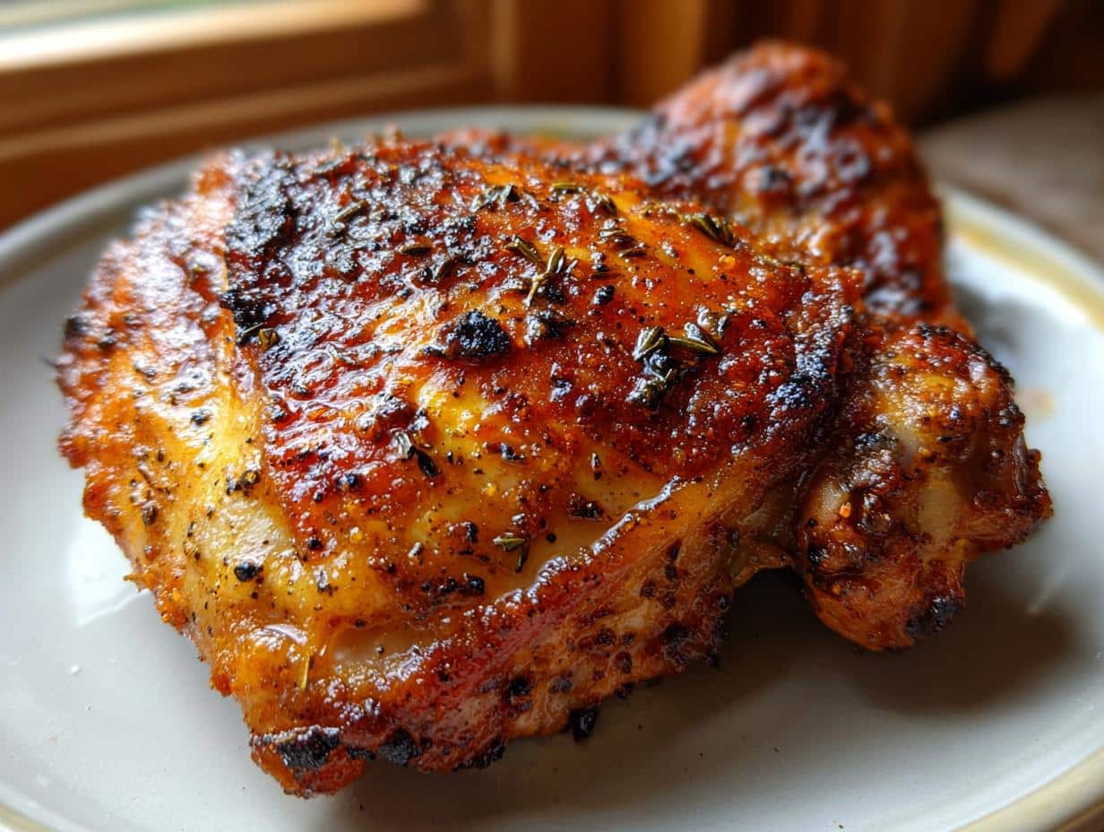 Close-up of crispy, golden-brown chicken thighs air fryer, seasoned with herbs and spices on a plate.