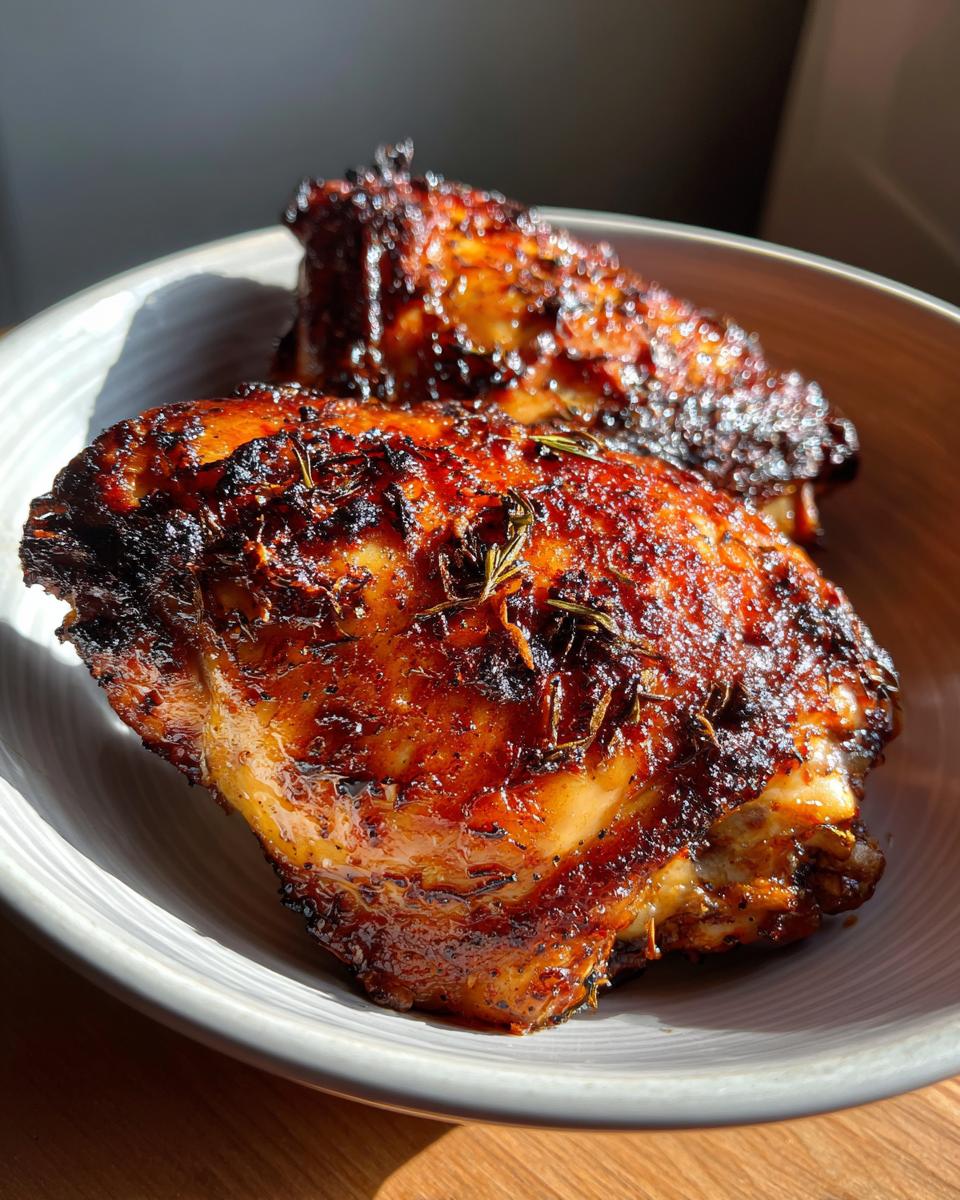 Two crispy, golden-brown chicken thighs air fryer in a light grey bowl, garnished with herbs.