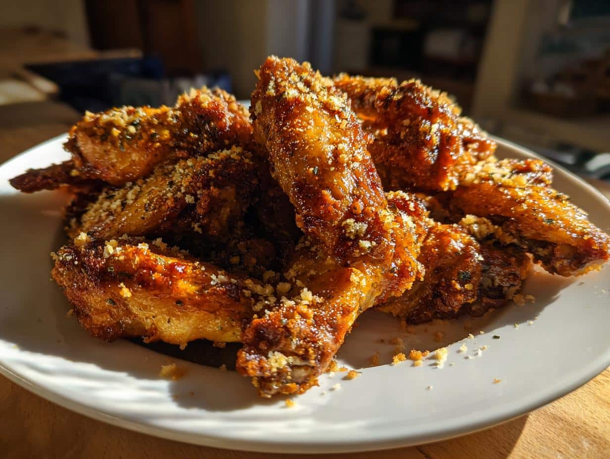 A close-up of golden-brown, crispy Garlic Parmesan Chicken Wings piled on a white plate, sprinkled with cheese and herbs.