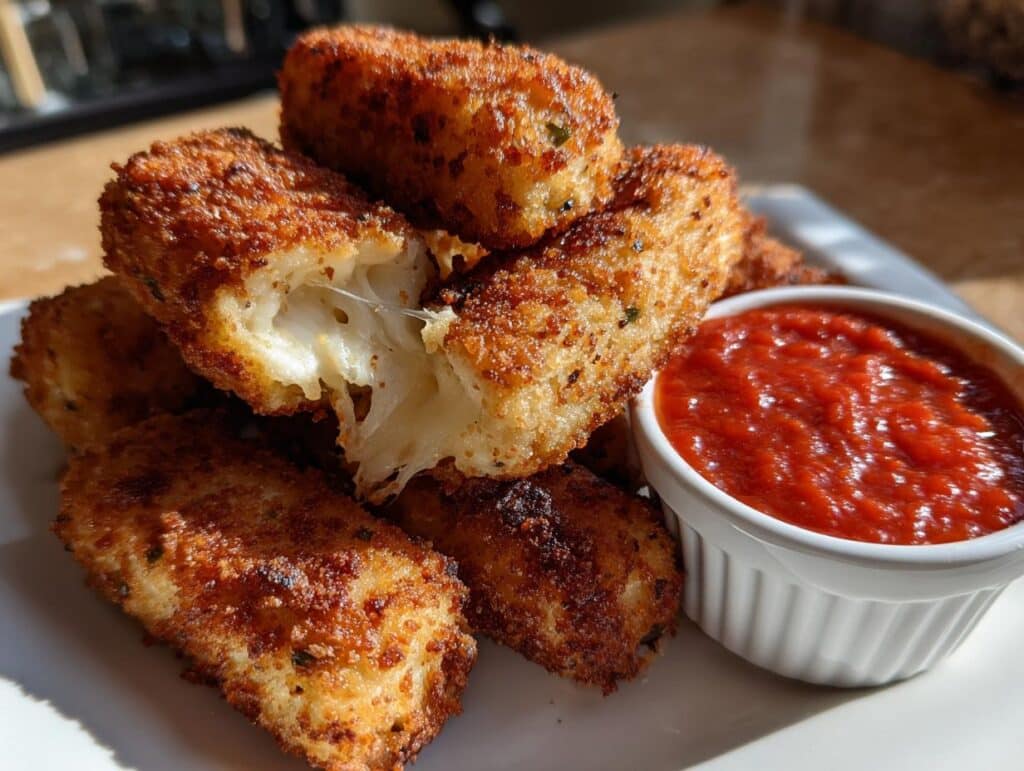 A plate of golden-brown, crispy gluten free mozzarella sticks with one broken open showing melted cheese, next to a bowl of red marinara sauce.