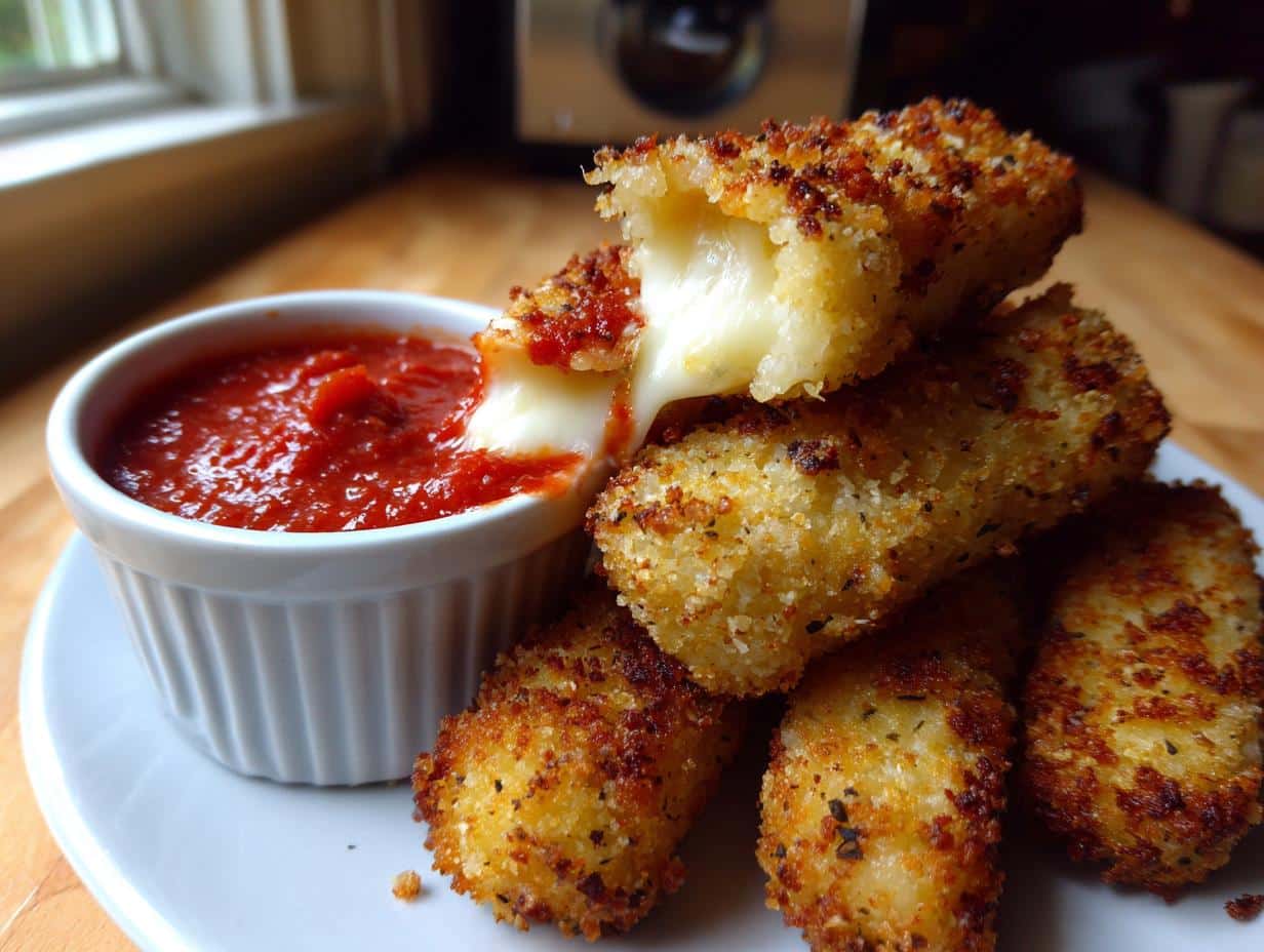 A stack of golden-brown, crispy gluten free mozzarella sticks with melted cheese oozing out, next to a white ramekin of red marinara sauce.