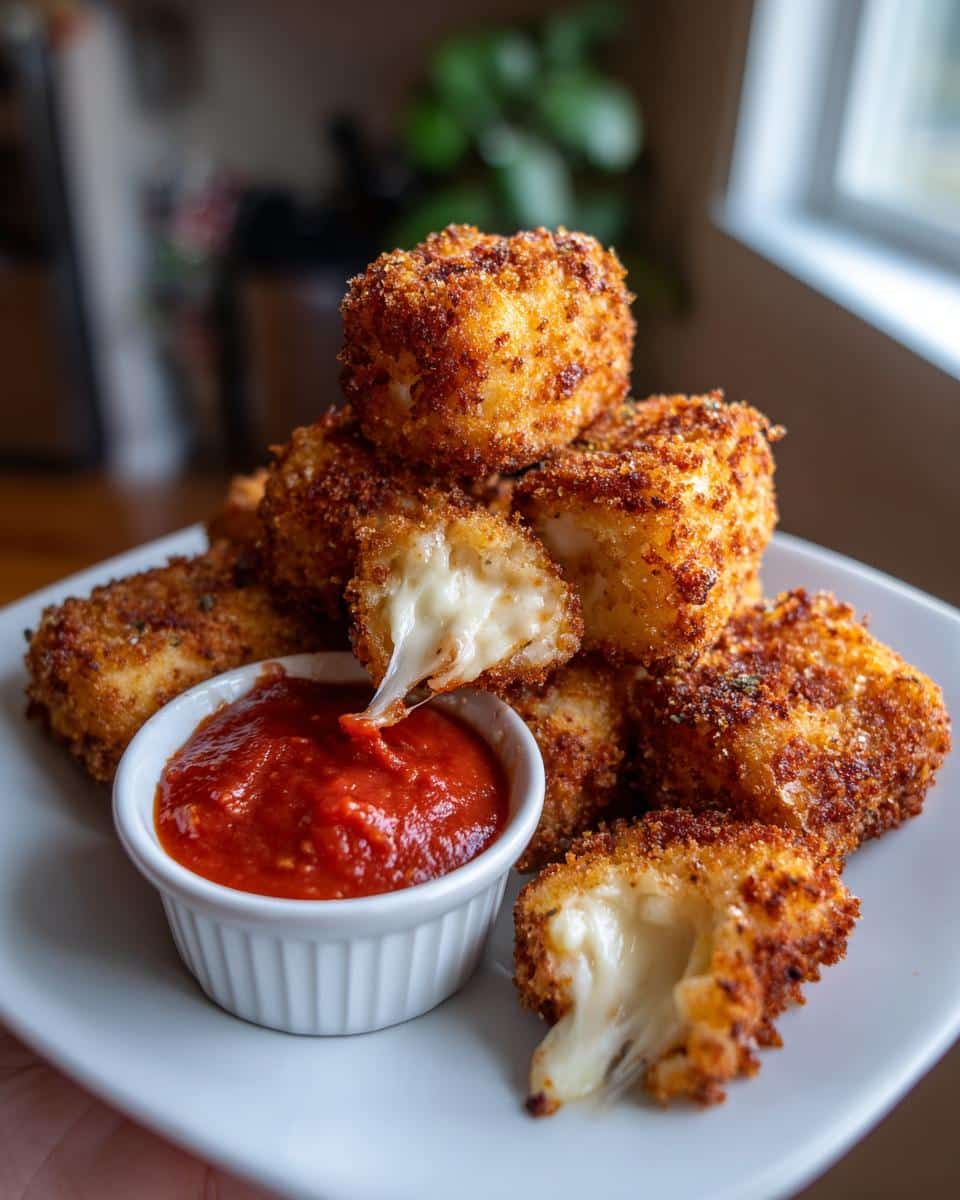 A plate piled high with golden-brown, crispy gluten free mozzarella sticks, with one broken open showing melted cheese stretching out, next to a small white bowl of marinara sauce.