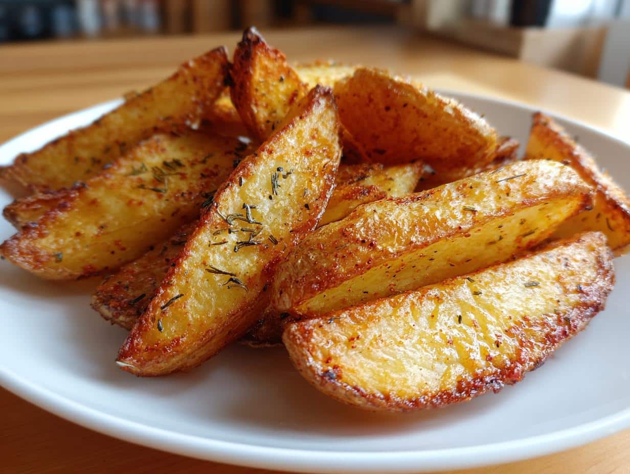 Close-up of golden brown potato wedges baked, seasoned with herbs, piled on a white plate.