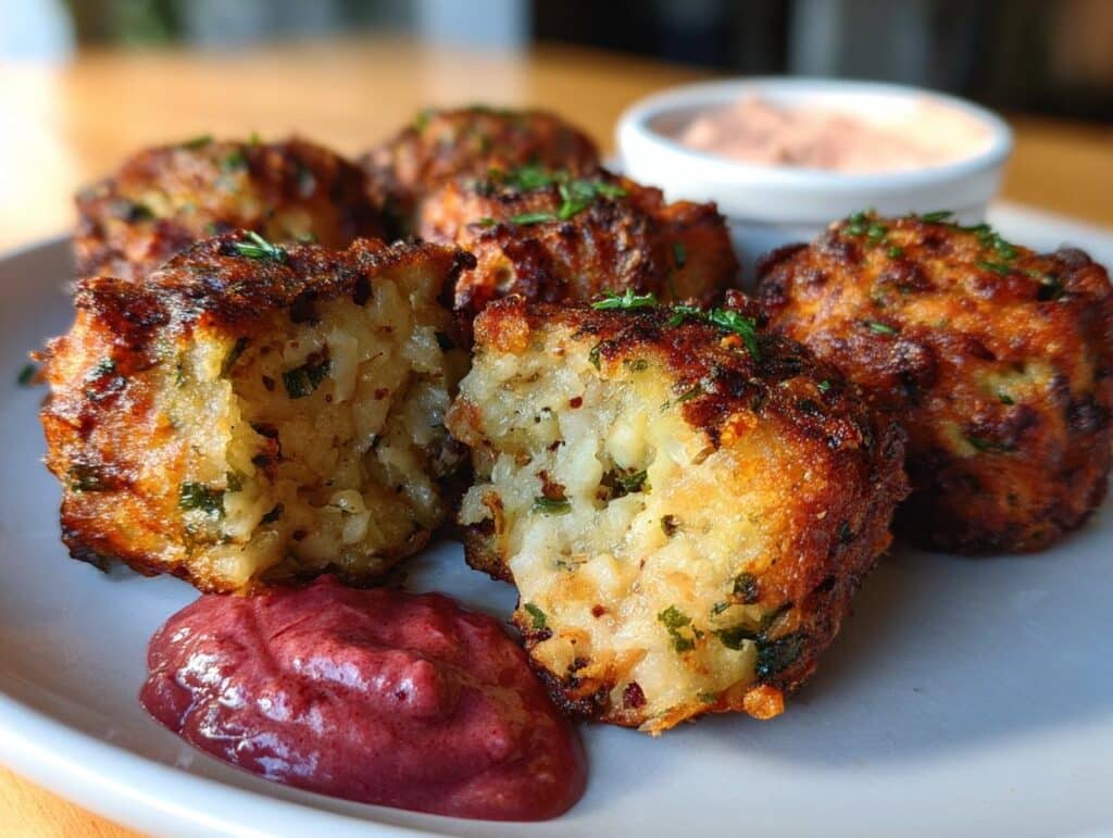 Close-up of golden-brown, crispy leftover stuffing balls, one broken open to show the moist interior, served with two dipping sauces.