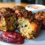 Close-up of golden-brown, crispy leftover stuffing balls, one broken open to show the moist interior, served with two dipping sauces.