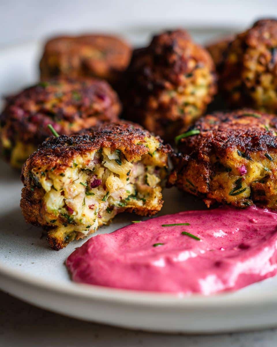 Close-up of crispy leftover stuffing fritters on a plate, one bitten to show the interior, served with a vibrant pink dip.