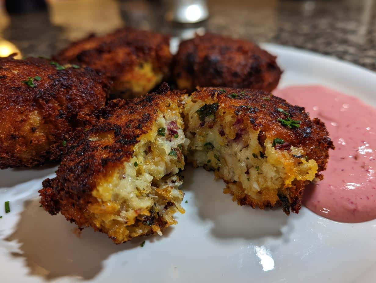 Close-up of crispy, golden-brown leftover stuffing fritters, one cut open to show the moist interior, served with a pink sauce.