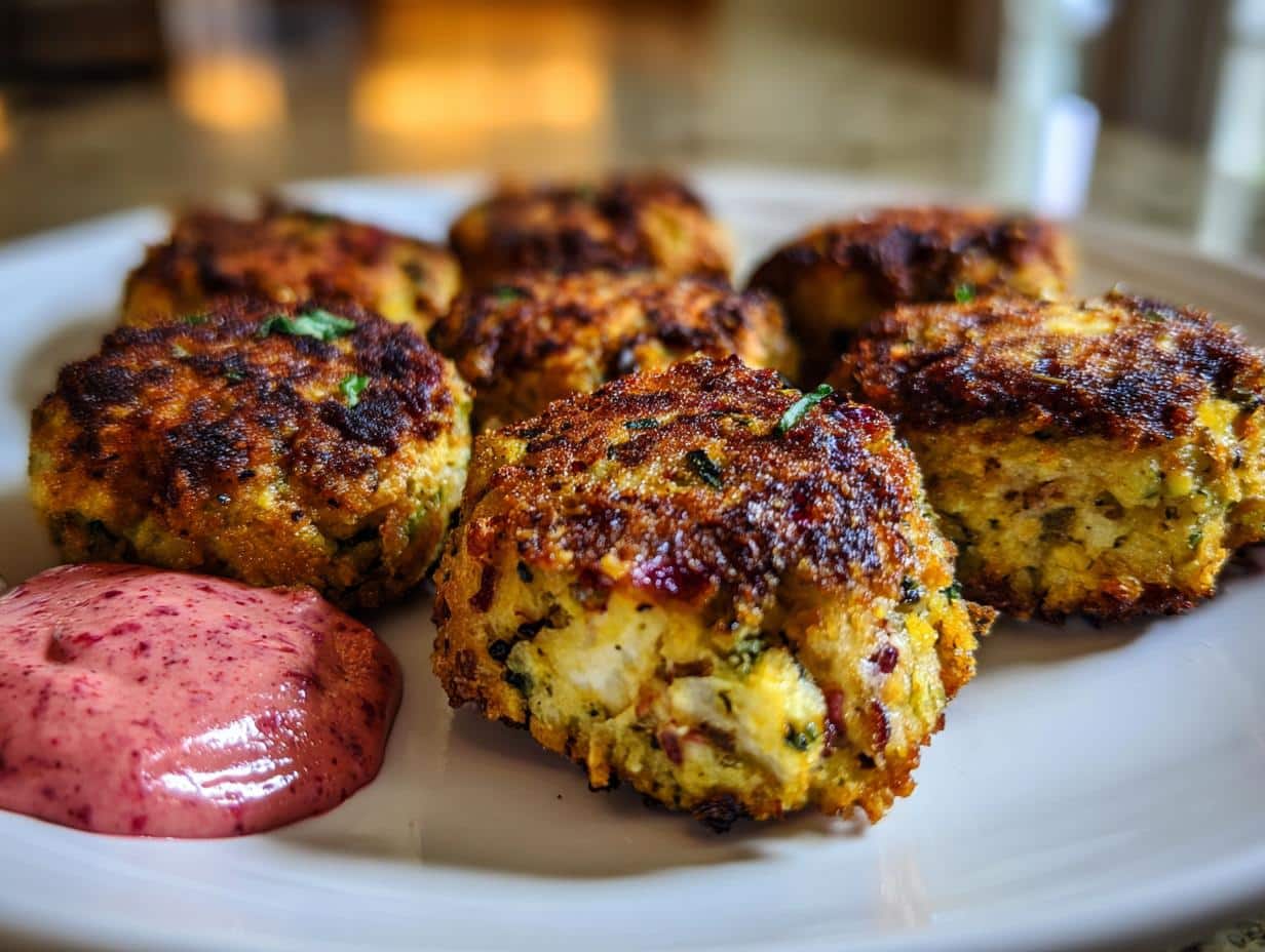 Close-up of golden-brown, crispy leftover stuffing patties on a white plate with a side of pink sauce.
