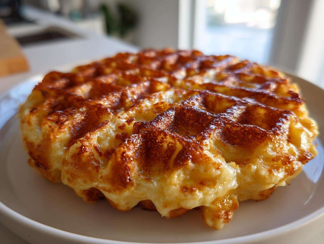 Close-up of a perfectly golden brown and crispy Mac & Cheese Waffle on a white plate, showing the waffle texture.