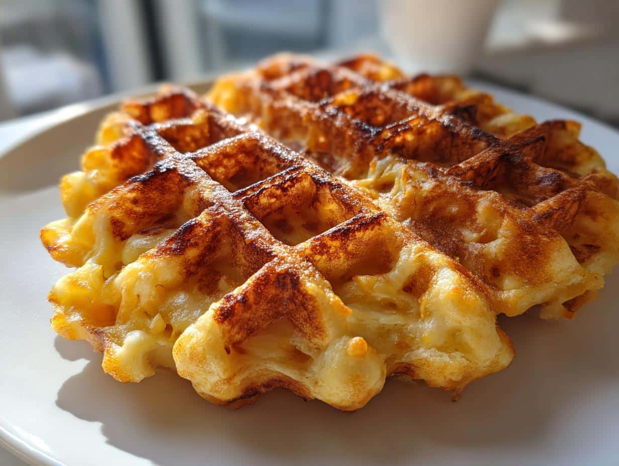 Close-up of a perfectly golden brown and crispy Mac & Cheese Waffle on a white plate, showing its textured surface.