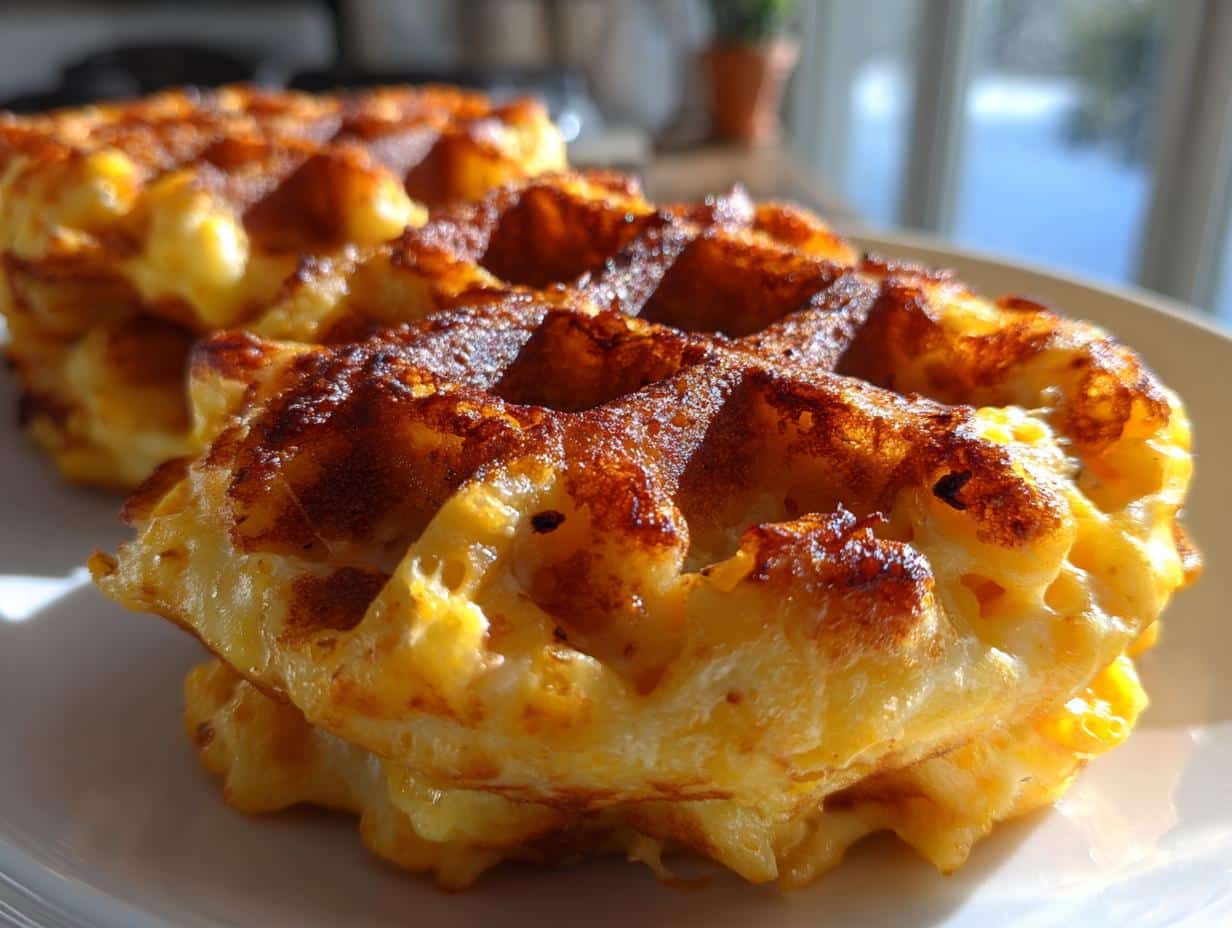 Close-up of two golden brown Crispy Mac & Cheese Waffles on a white plate, showing their waffle texture and crispy edges.