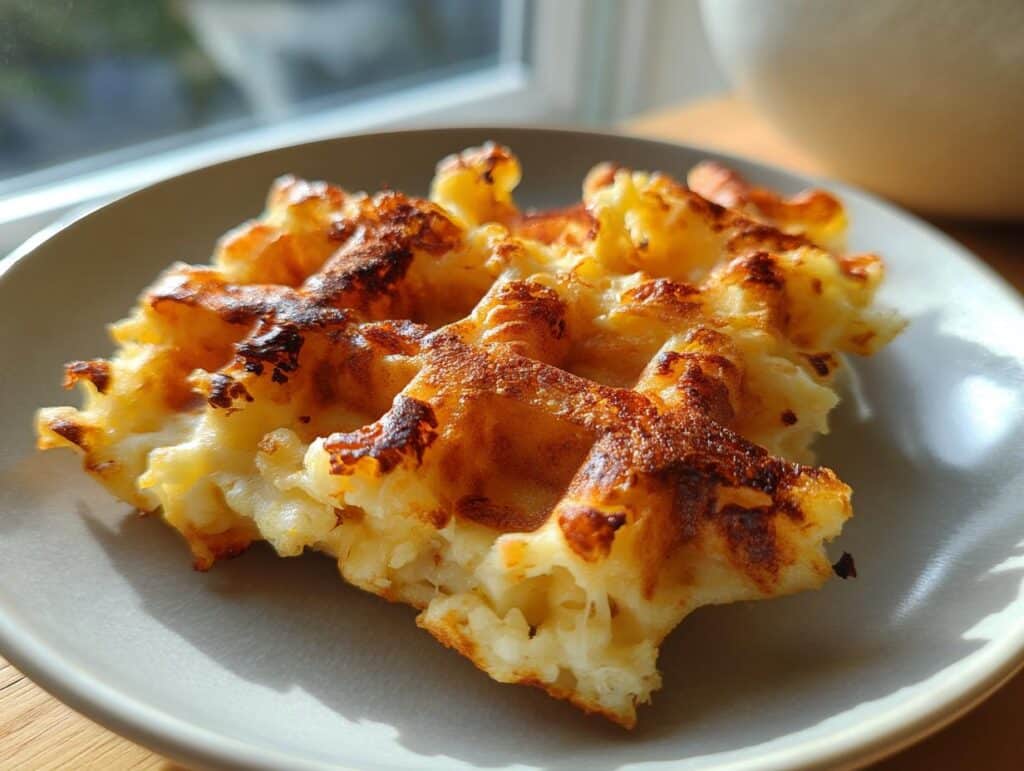 A close-up of a golden brown Crispy Mac & Cheese Waffles on a light gray plate, showing its textured surface.