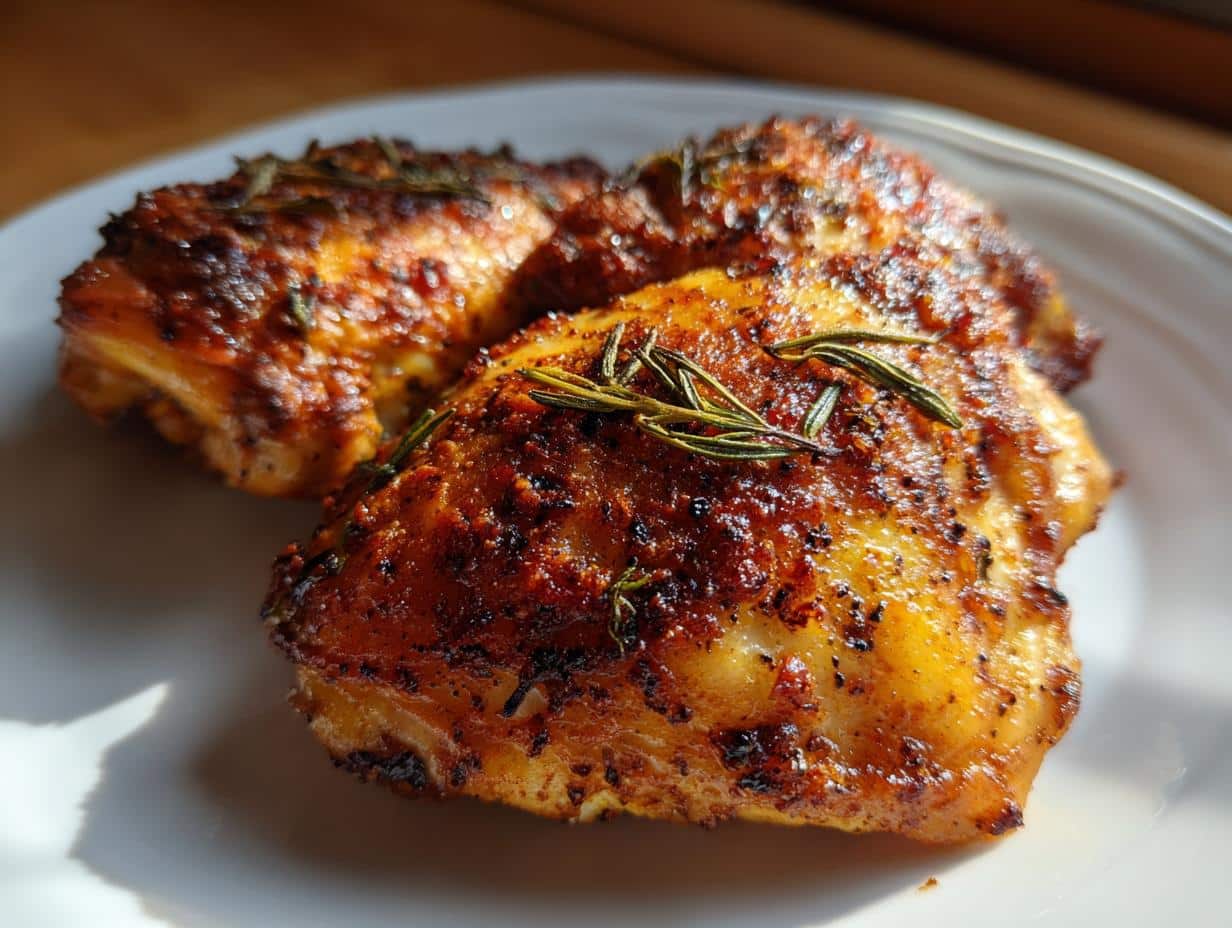Close-up of golden brown, crispy chicken thighs air fryer, garnished with fresh rosemary on a white plate.