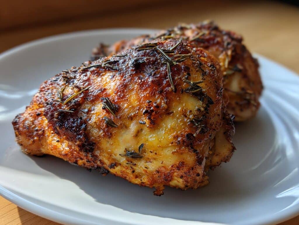 Two golden-brown chicken thighs air fryer, seasoned with rosemary, on a white plate.