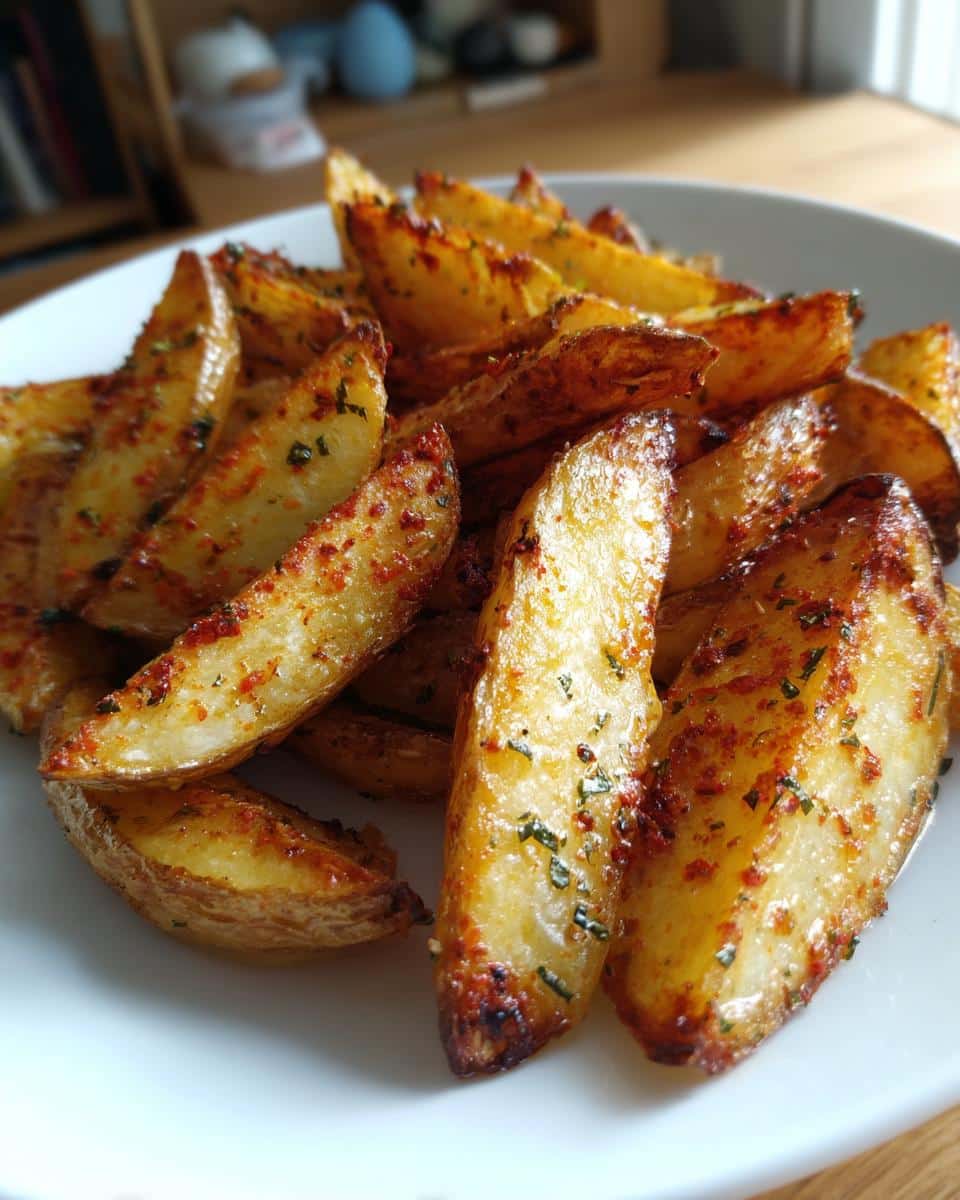 Close-up of golden-brown potato wedges baked to perfection, seasoned with herbs and spices, served in a white bowl.