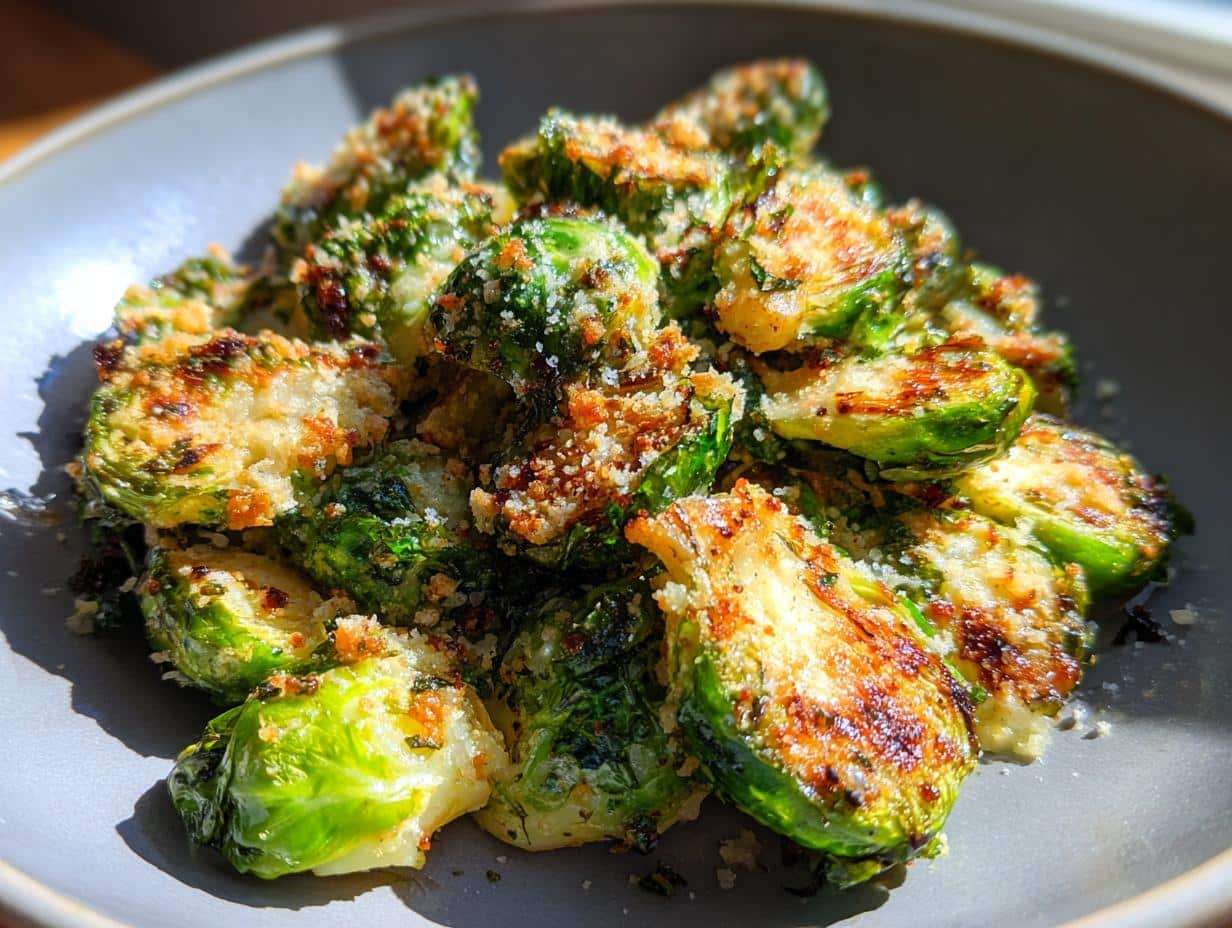 A close-up of a bowl of crispy, golden-brown smashed brussels sprouts recipe, topped with grated Parmesan cheese.