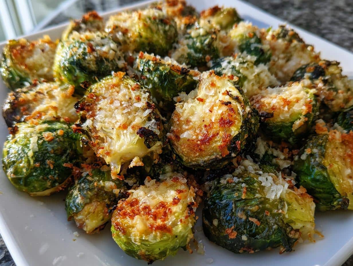 Close-up of golden-brown smashed brussels sprouts recipe, topped with grated Parmesan cheese and crispy bits, served on a white plate.