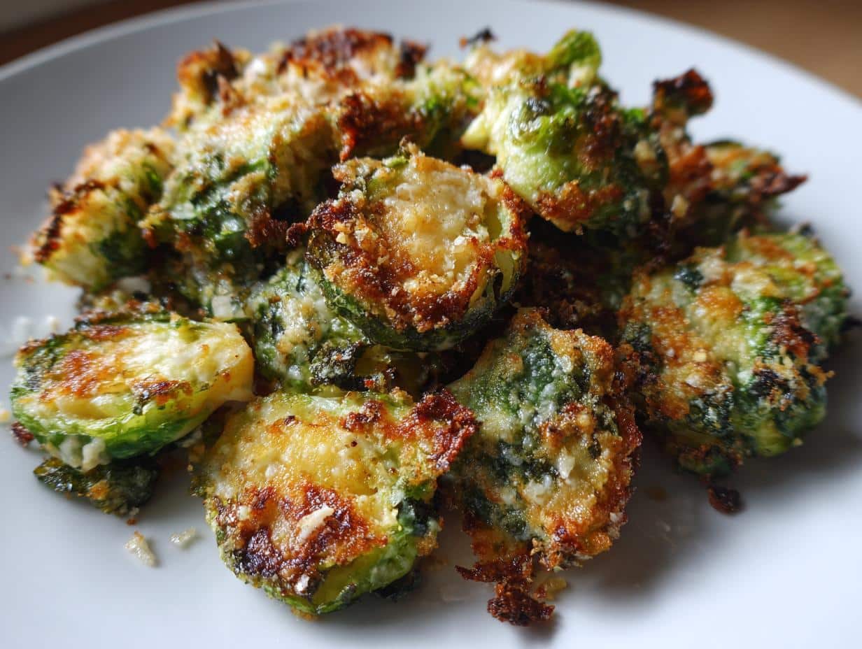 Close-up of golden-brown crispy smashed brussels sprouts recipe, topped with melted Parmesan cheese on a white plate.