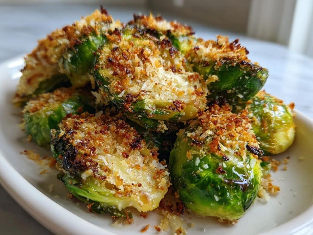 Close-up of crispy smashed brussels sprouts recipe, golden brown with toasted breadcrumbs on a white plate.