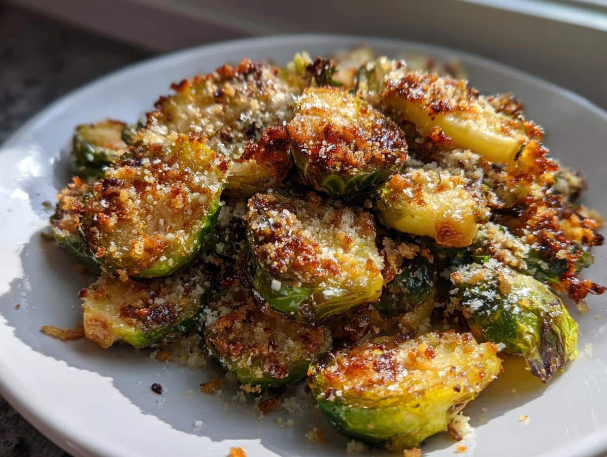 Close-up of crispy smashed brussels sprouts recipe, golden brown and sprinkled with parmesan cheese on a white plate.
