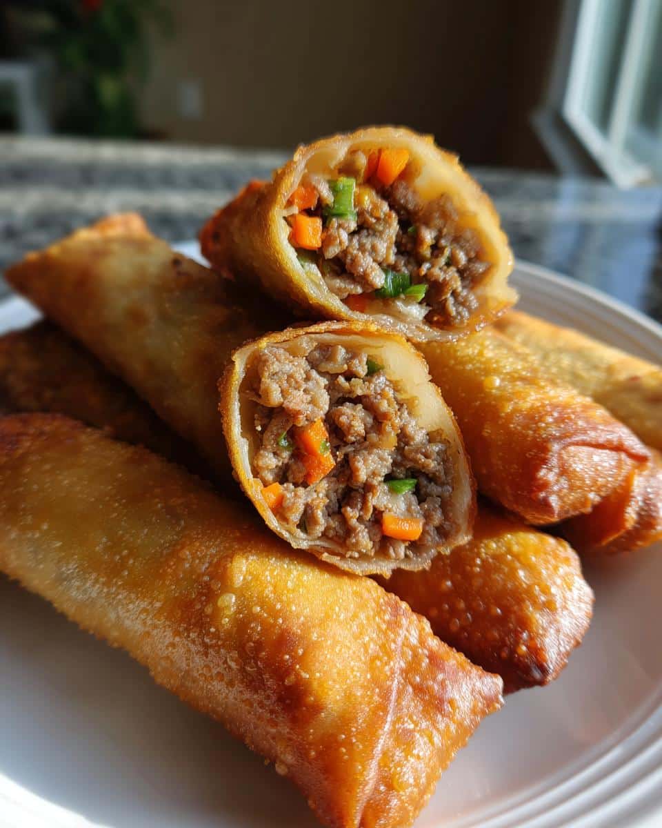 Close-up of crispy traditional filipino lumpia, with one cut open to show the savory meat and vegetable filling.