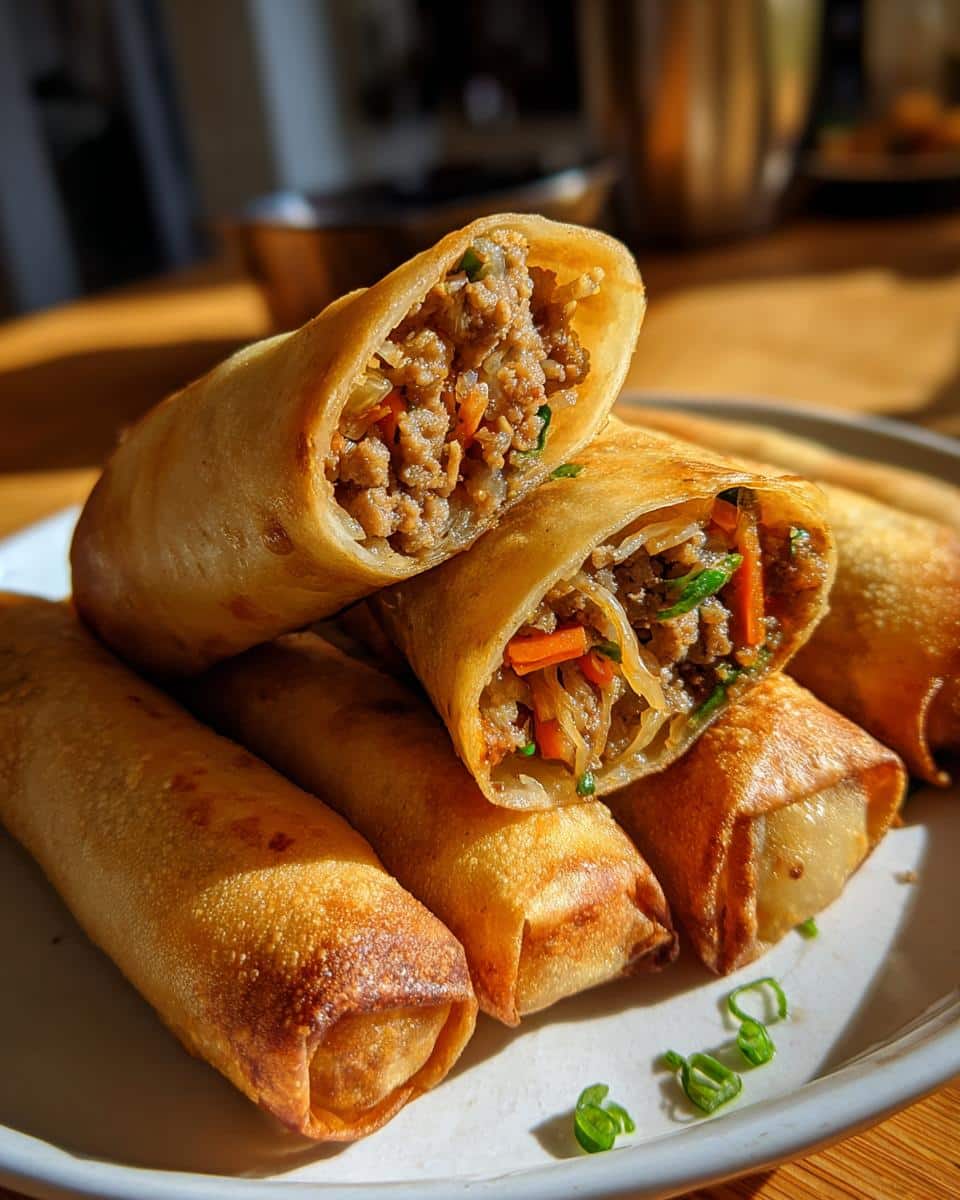 Close-up of crispy, golden-brown traditional filipino lumpia on a plate, with one cut open to show the savory meat and vegetable filling.
