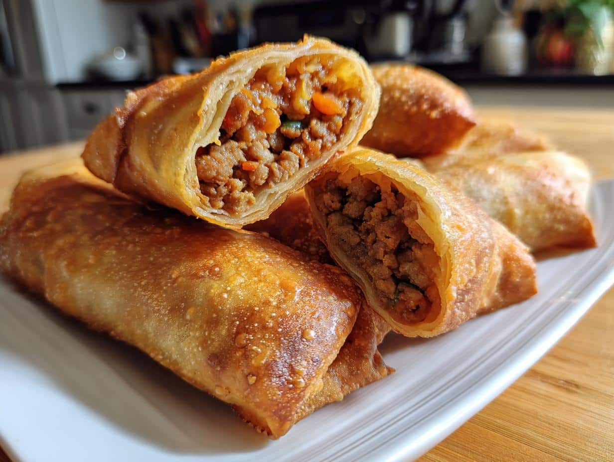 Close-up of crispy, golden-brown traditional filipino lumpia, with one cut open to show the savory meat and vegetable filling.
