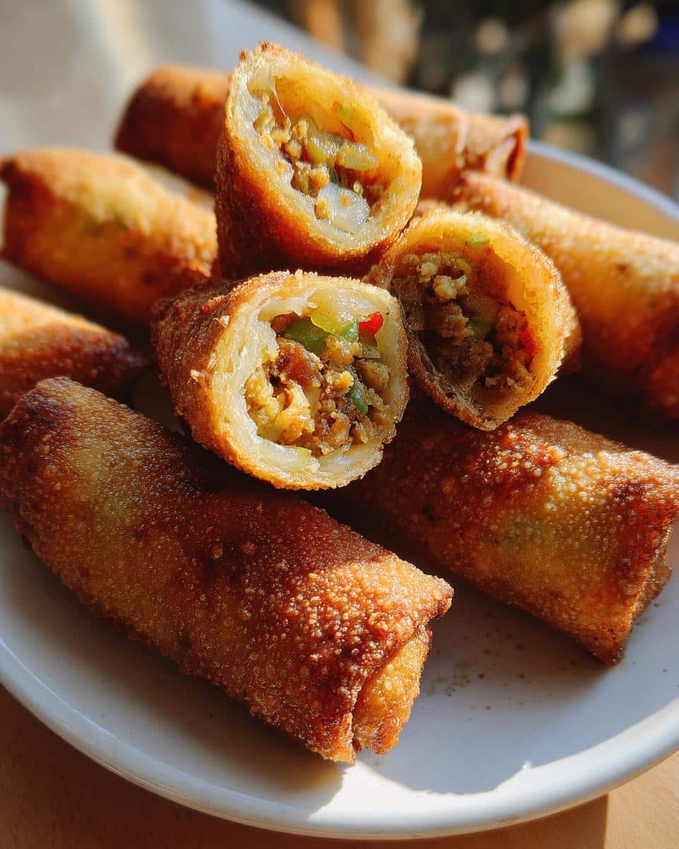 Close-up of crispy, golden-brown traditional Filipino lumpia, with some cut open to show the savory filling.