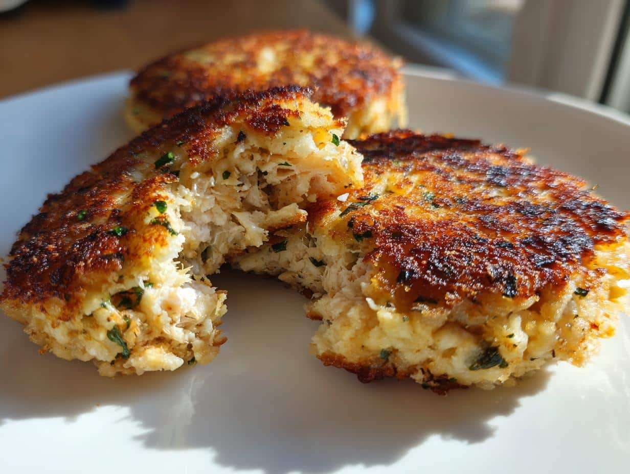 Close-up of two crispy tuna fish cakes on a white plate, one with a bite taken out, showing the flaky interior. These are 20-Minute Crispy Tuna Fish Cakes.