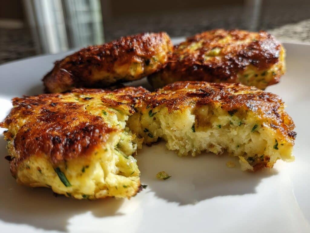 Close-up of golden brown 20-Minute Crispy Tuna Fish Cakes on a white plate, one with a bite taken out revealing the flaky interior.