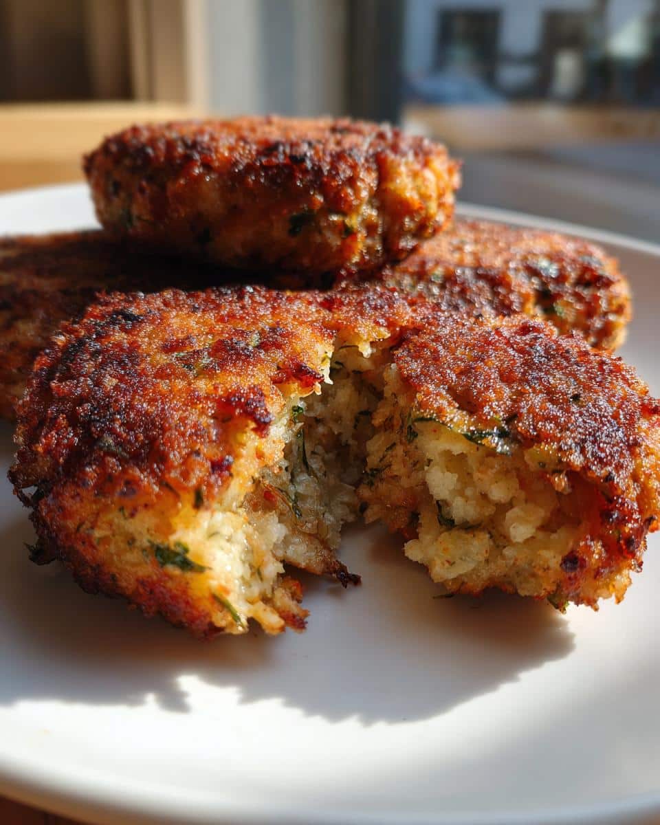 Close-up of crispy tuna fish cakes on a white plate, with one cake broken open to show the flaky interior.
