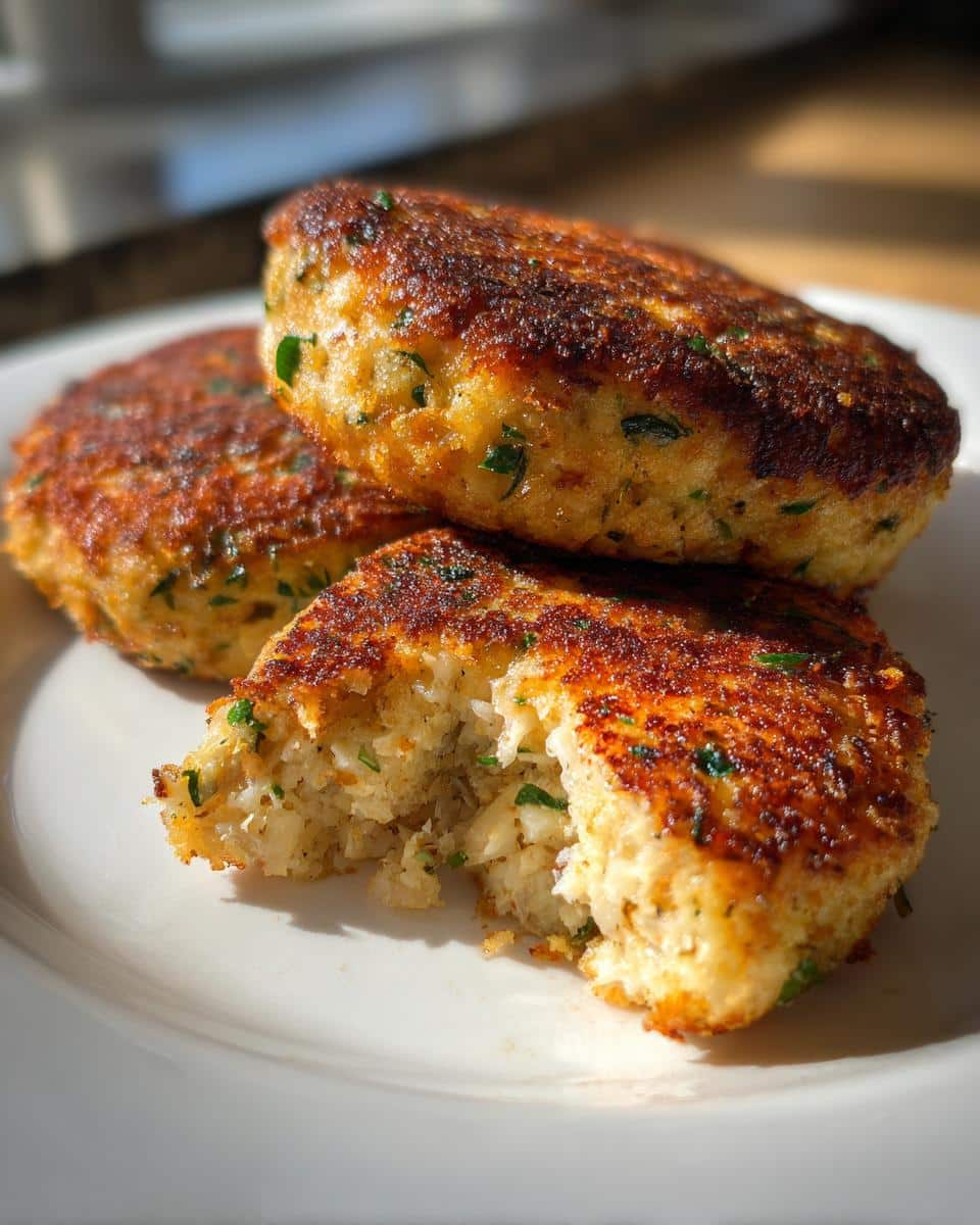 Three golden brown 20-Minute Crispy Tuna Fish Cakes on a white plate, one with a bite taken out.