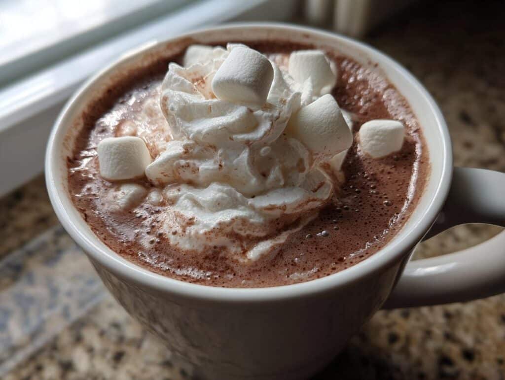 Close-up of a white mug filled with rich crockpot hot chocolate, topped with fluffy whipped cream and mini marshmallows.