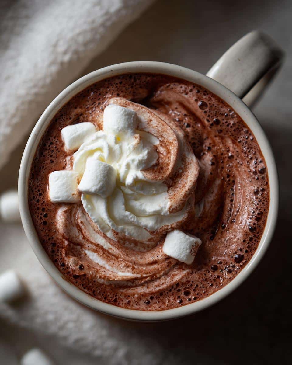 Overhead close-up of a mug of rich crockpot hot chocolate topped with whipped cream and mini marshmallows.