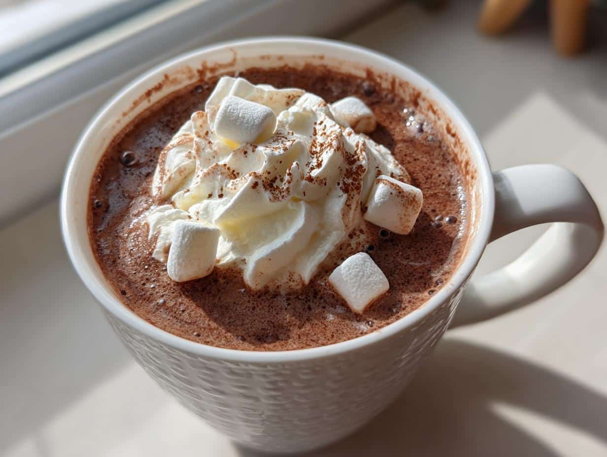 Close-up of a white mug filled with rich crockpot hot chocolate, topped with whipped cream, marshmallows, and cocoa powder.