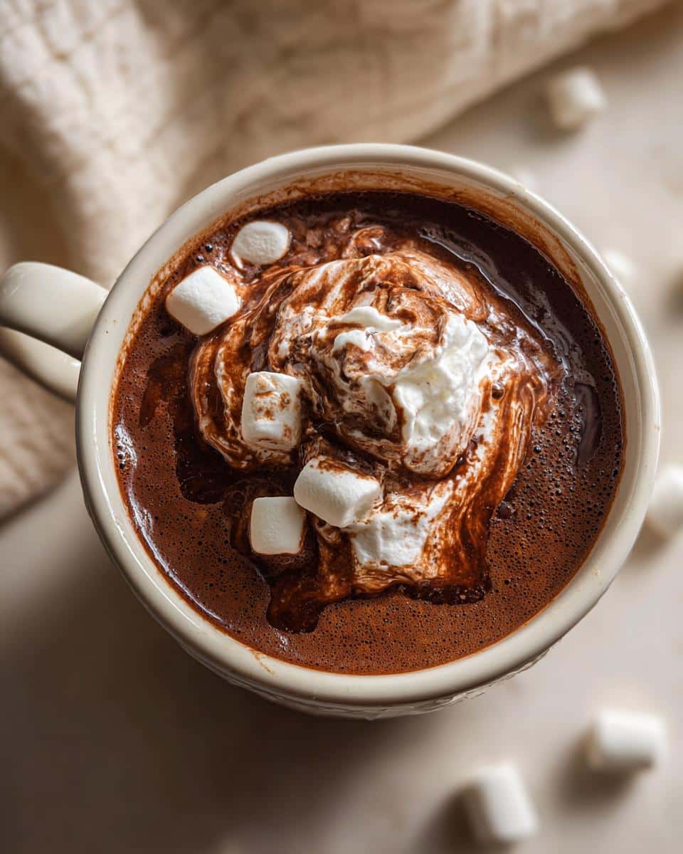 Close-up of a mug filled with rich crockpot hot chocolate, topped with swirls of whipped cream and mini marshmallows.