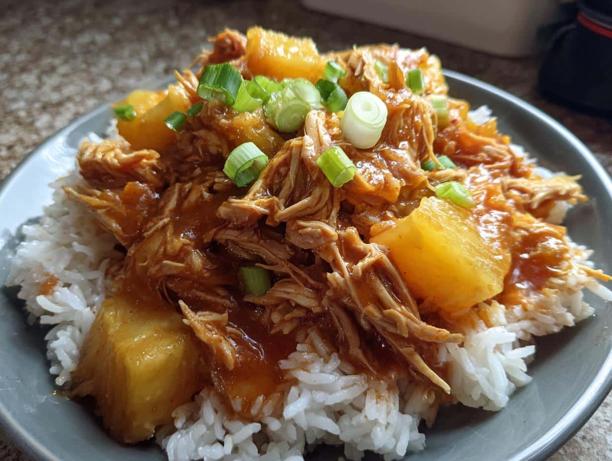 Close-up of Crockpot Pineapple BBQ Chicken served over white rice, garnished with chopped green onions.