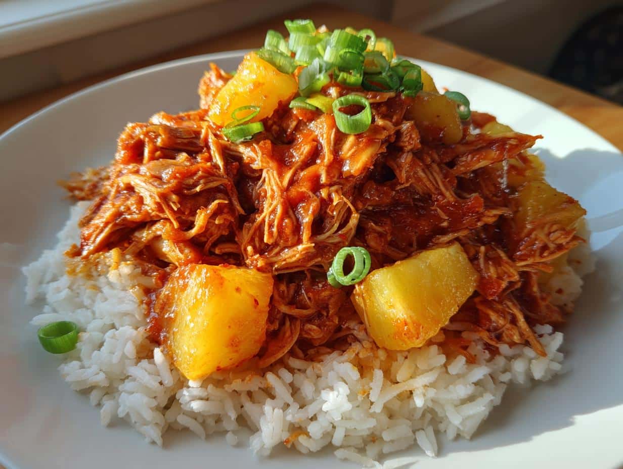 A close-up of Crockpot Pineapple BBQ Chicken served over white rice, garnished with fresh green onions.