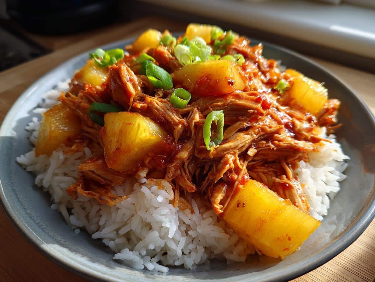A close-up of Crockpot Pineapple BBQ Chicken served over white rice, garnished with green onions.