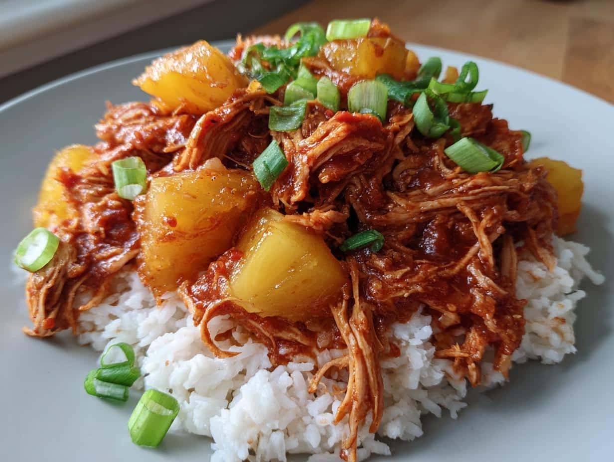 A close-up of Crockpot Pineapple BBQ Chicken served over white rice, garnished with chopped green onions.
