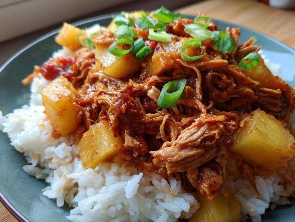 Close-up of Crockpot Pineapple BBQ Chicken served over white rice, garnished with fresh green onions.