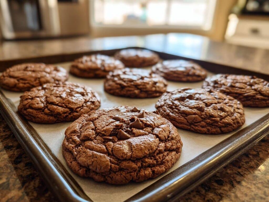 A batch of homemade Crumbl Celebrity Cookies cooling on a baking sheet, topped with chocolate chips.