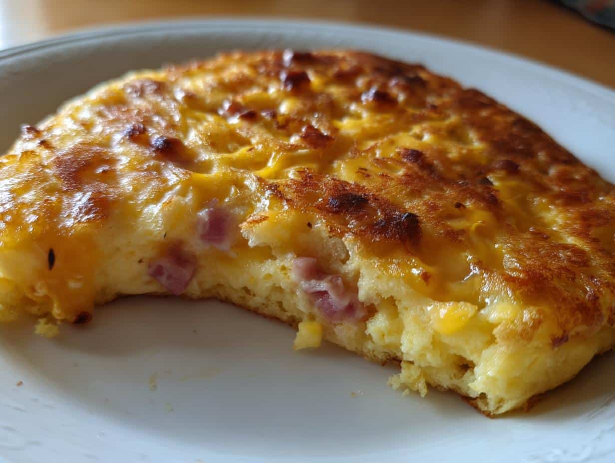 Close-up of a golden brown Crunchy Ham Cheese Chaffle with a bite taken out, revealing ham pieces and melted cheese inside.