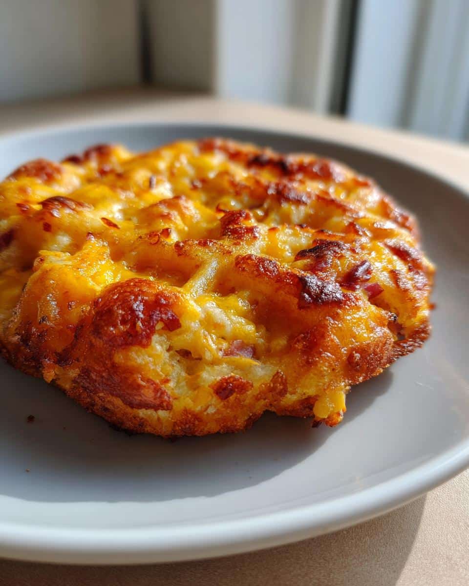 Close-up of a single golden brown and crispy Crunchy Ham Cheese Chaffles on a white plate, showing melted cheese and bits of ham.
