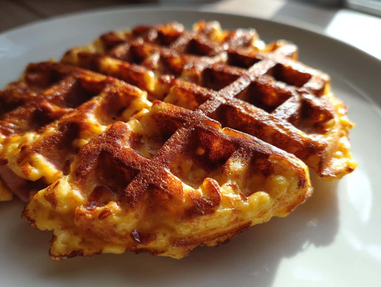 Close-up of golden brown, crunchy Ham Cheese Chaffles on a white plate, with sunlight highlighting their texture.